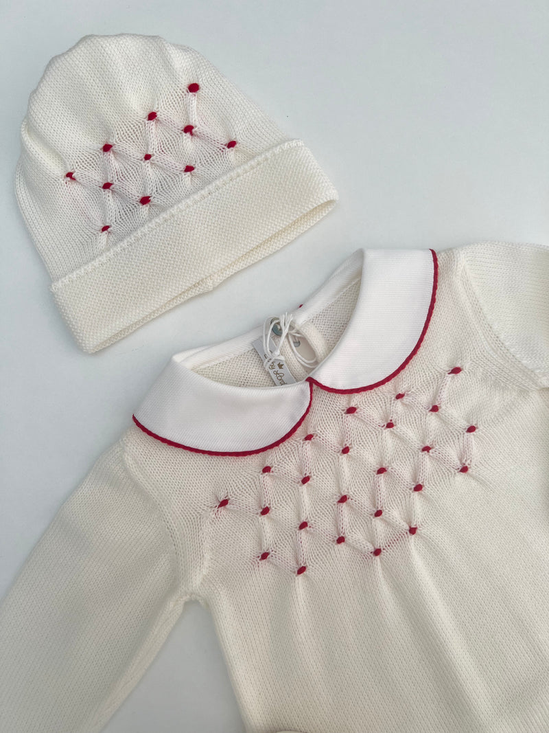 Tutina in pura lana con cappellino e babbucce punto smock