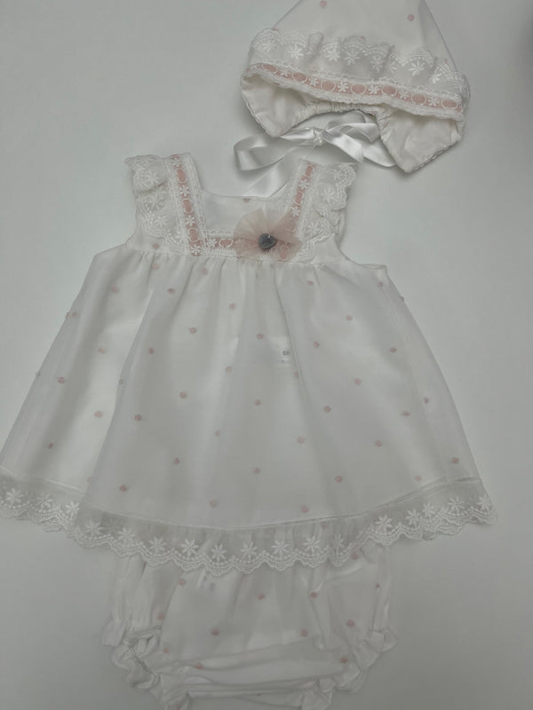 Abito con culotte e cuffietta pois battesimale