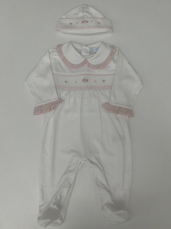 Tutina in cotone punto smock e roselline con cappellino
