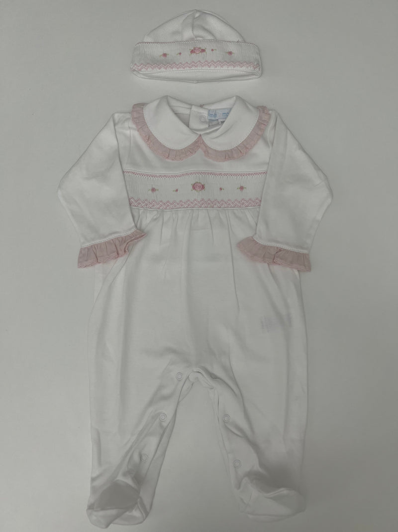Tutina in cotone punto smock e roselline con cappellino
