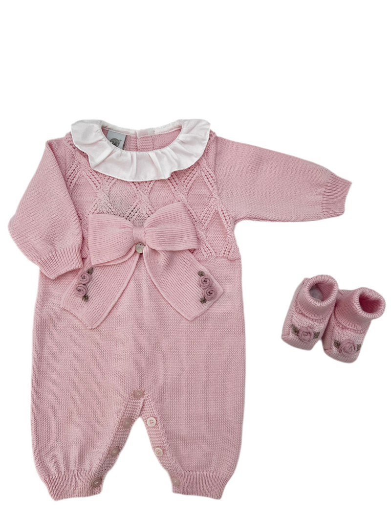 Tutina in pura lana fiocco e roselline con cappellino e babbucce