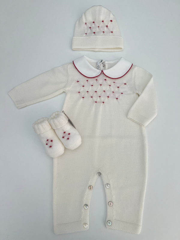 Tutina in pura lana con cappellino e babbucce punto smock