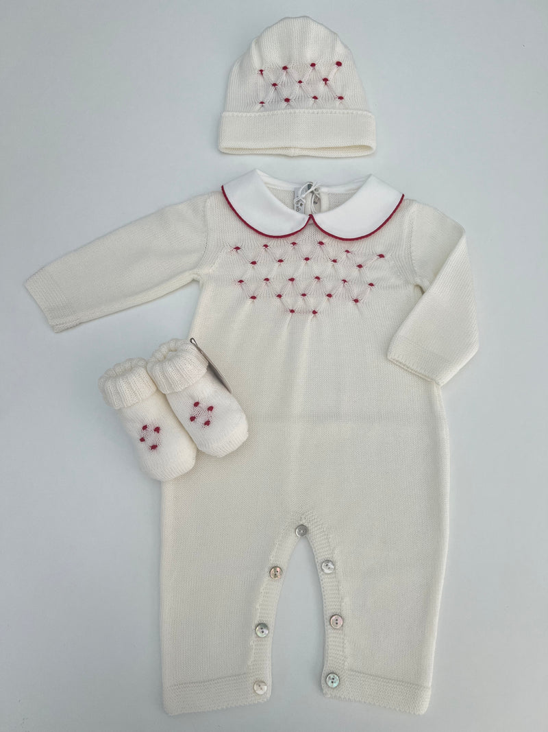 Tutina in pura lana con cappellino e babbucce punto smock