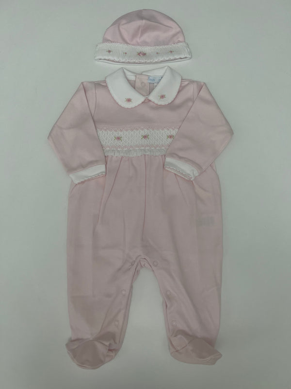 Tutina punto smock e roselline  in cotone con cappellino