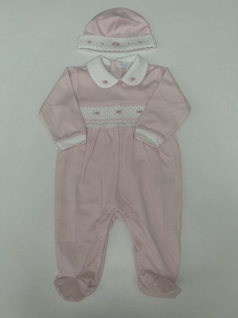 Tutina punto smock e roselline  in cotone con cappellino