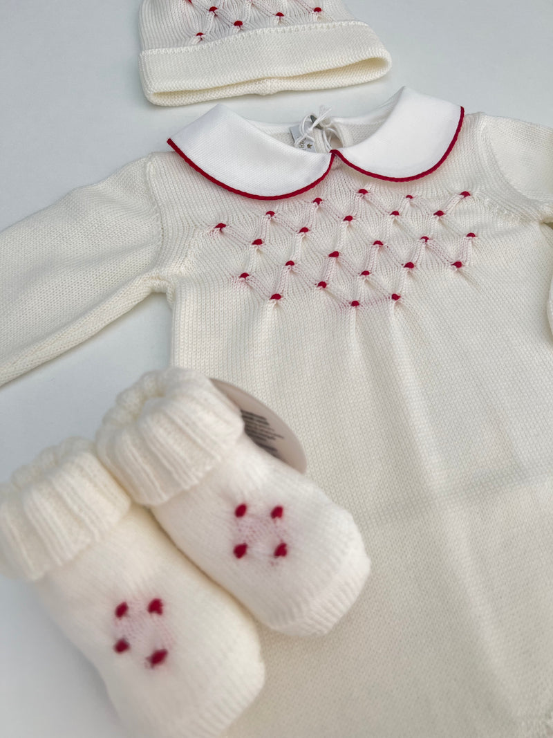 Tutina in pura lana con cappellino e babbucce punto smock
