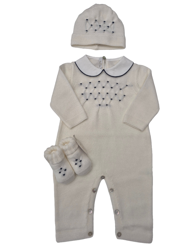 Tutina in pura lana con cappellino e babbucce punto smock