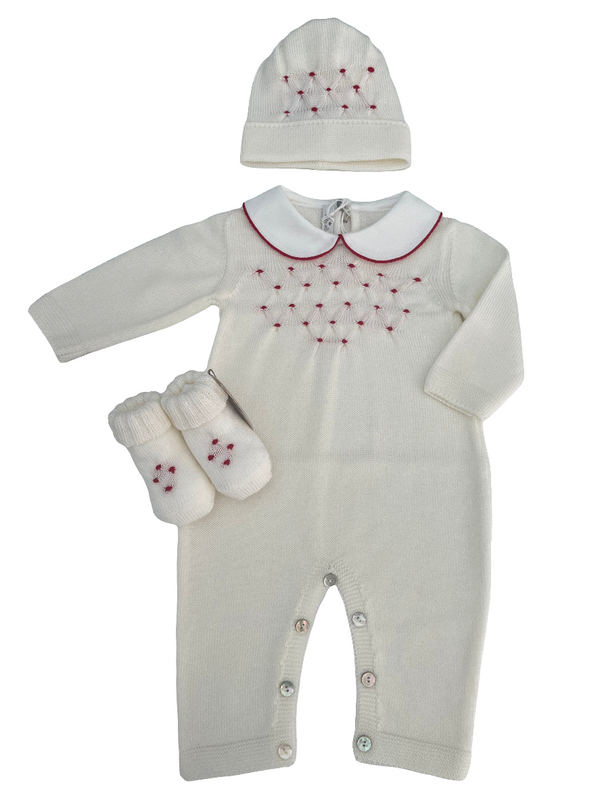 Tutina in pura lana con cappellino e babbucce punto smock