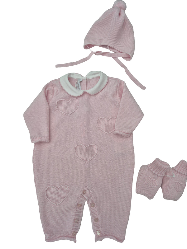 Tutina in pura lana cuoricini con cappellino e babbucce