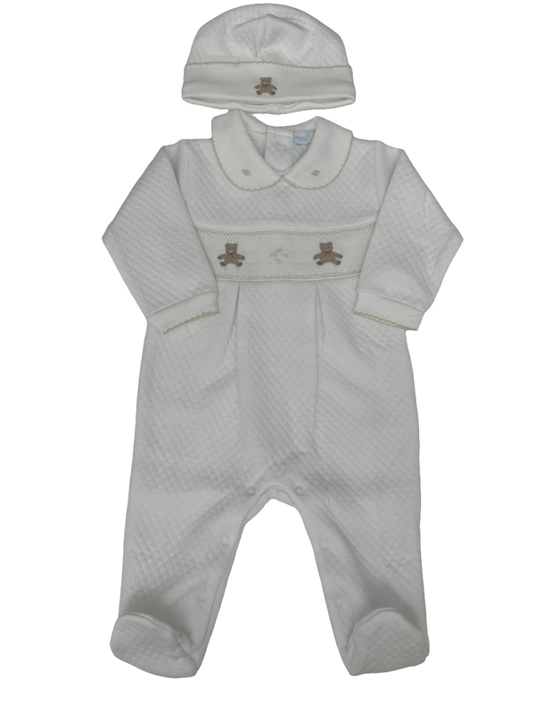 Tutina orsetto in cotone punto smock con cappellino