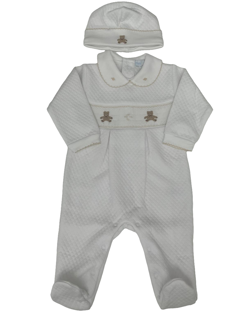 Tutina orsetto in cotone punto smock con cappellino