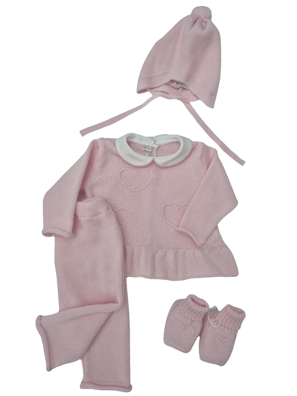 Completo 2 pezzi cuoricini in pura lana con cappellino e babbucce