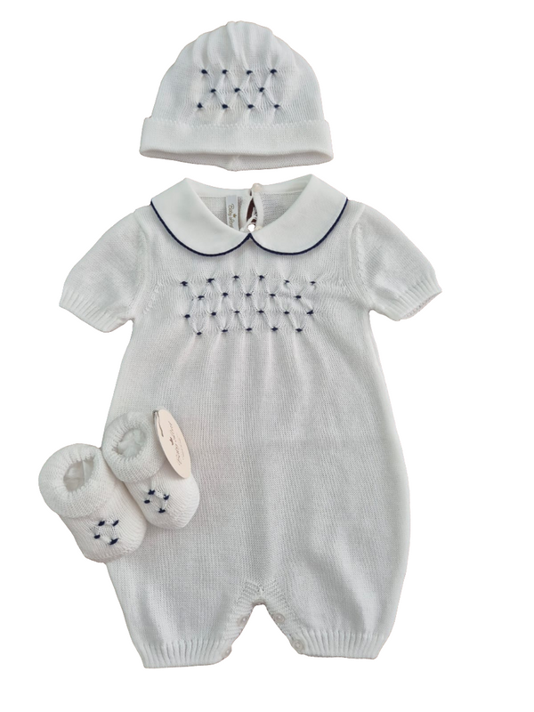 Pagliaccetto in filo punto smock con cappellino e babbucce