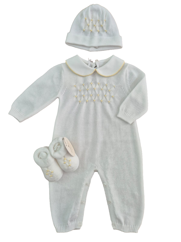 Tutina in filo punto smock con cappellino e babbucce