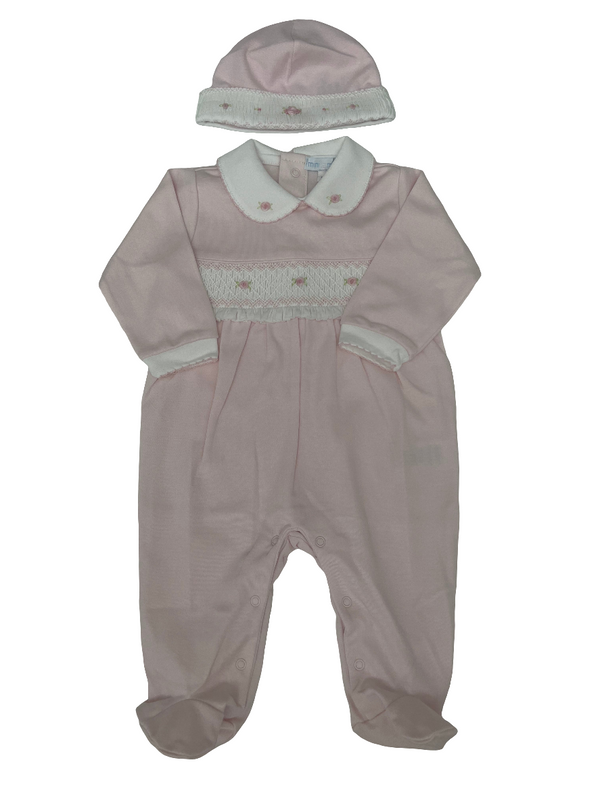 Tutina punto smock e roselline  in cotone con cappellino