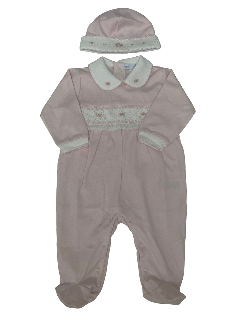 Tutina punto smock e roselline  in cotone con cappellino