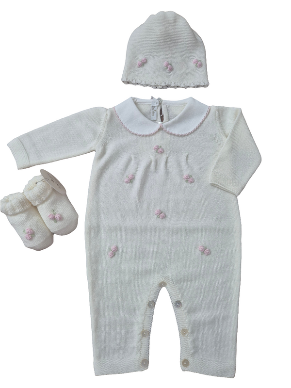 Tutina in pura lana con cappellino e babbucce roselline