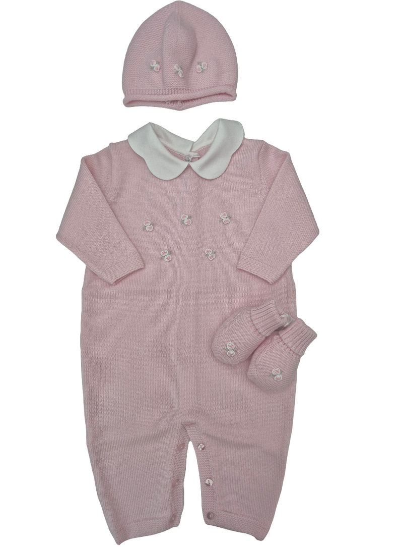 Tutina in pura lana roselline con cappellino e babbucce