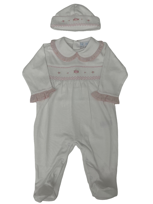 Tutina in cotone punto smock e roselline con cappellino