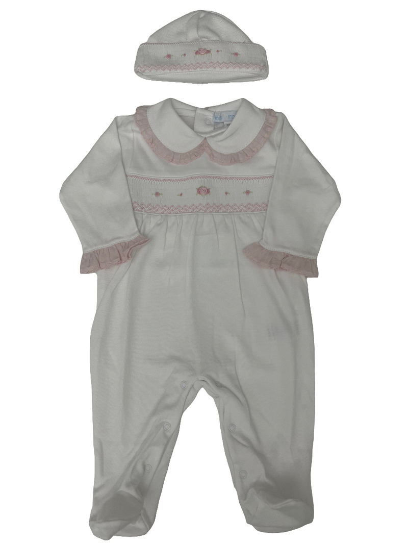 Tutina in cotone punto smock e roselline con cappellino