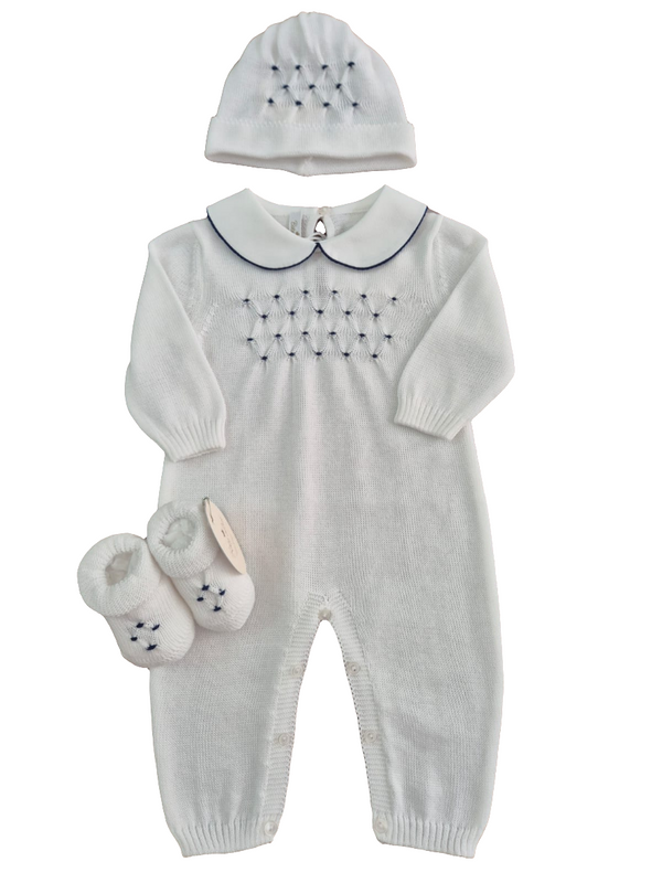 Tutina in filo punto smock con cappellino e babbucce