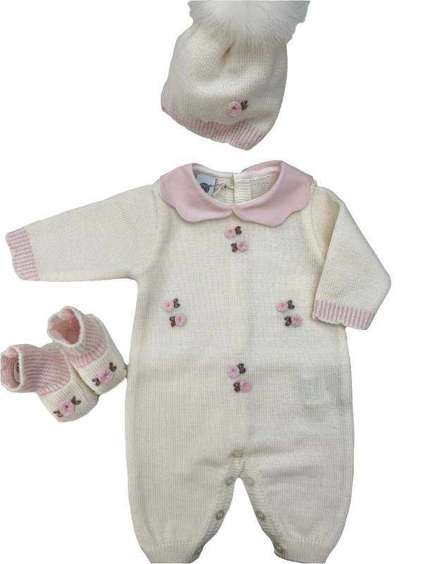 Tutina in pura lana roselline con cappellino e babbucce