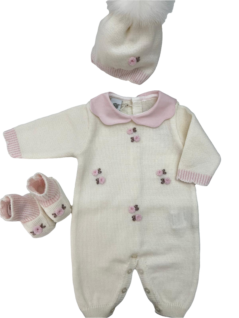 Tutina in pura lana roselline con cappellino e babbucce