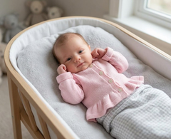 Cardigan neonata in pura lana rosa indossato