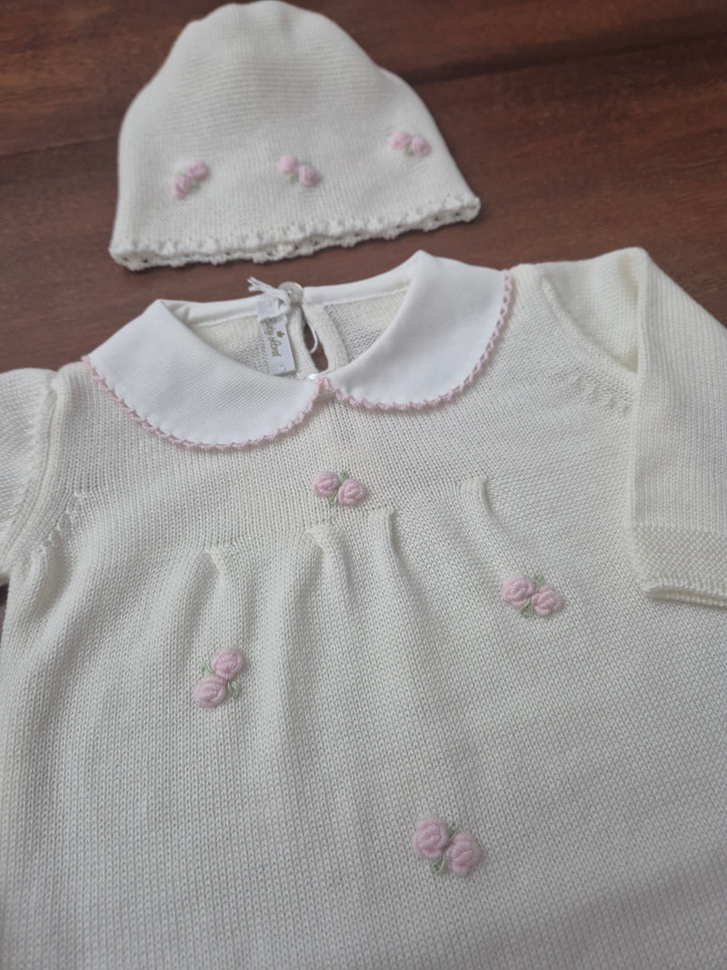 Tutina in pura lana con cappellino e babbucce roselline
