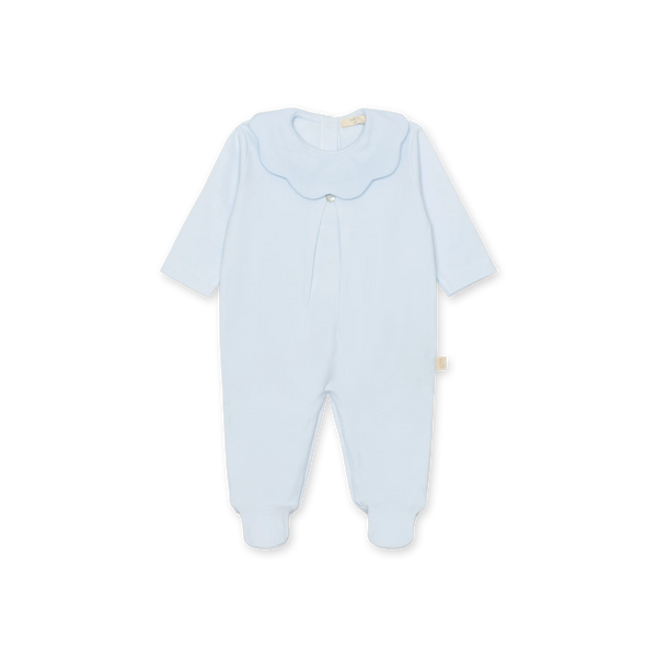 Tutina in cotone interlock con piedini e colletto a smerlo