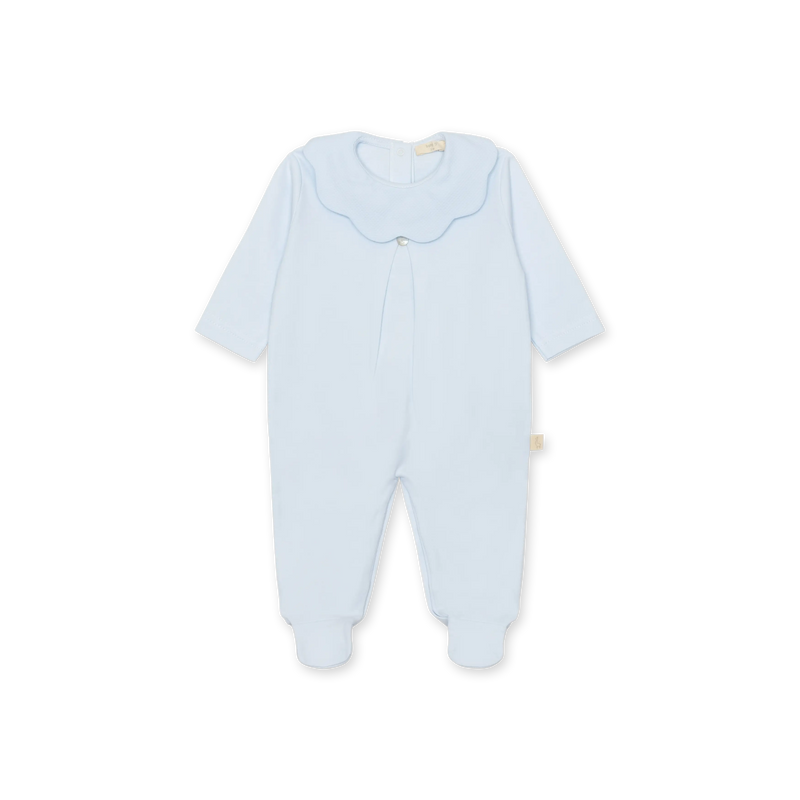 Tutina in cotone interlock con piedini e colletto a smerlo