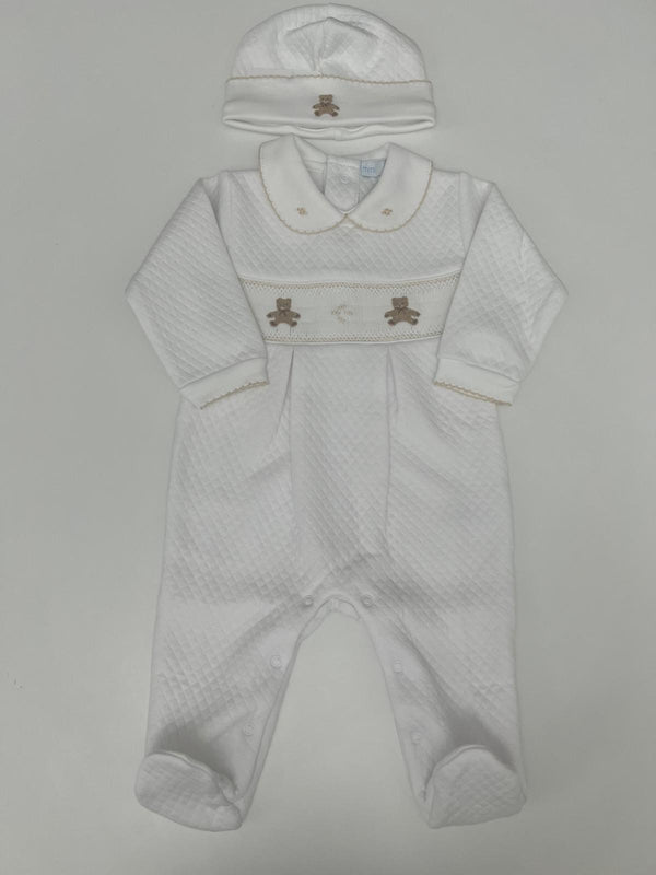 Tutina orsetto in cotone punto smock con cappellino