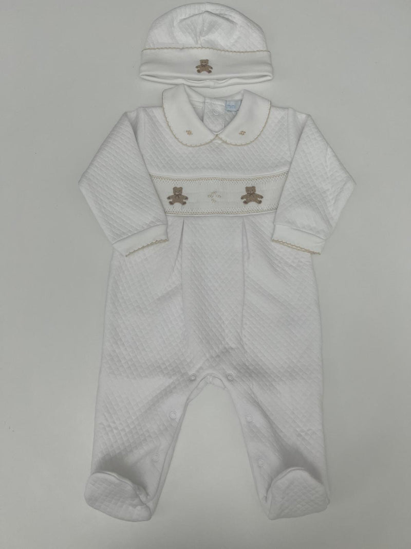 Tutina orsetto in cotone punto smock con cappellino