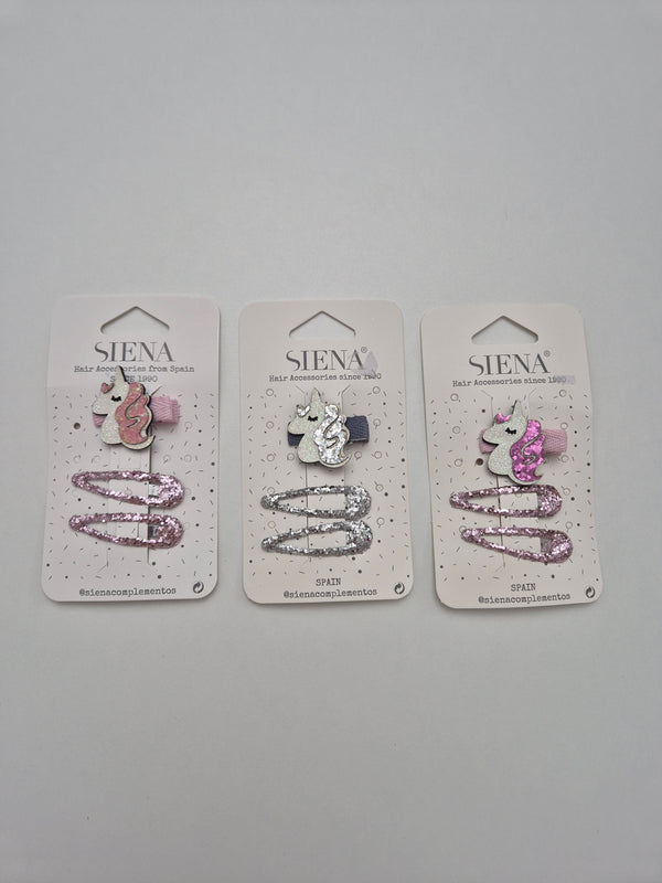 Confezione 1 molletta unicorno e 2 glitterate a clip vari colori