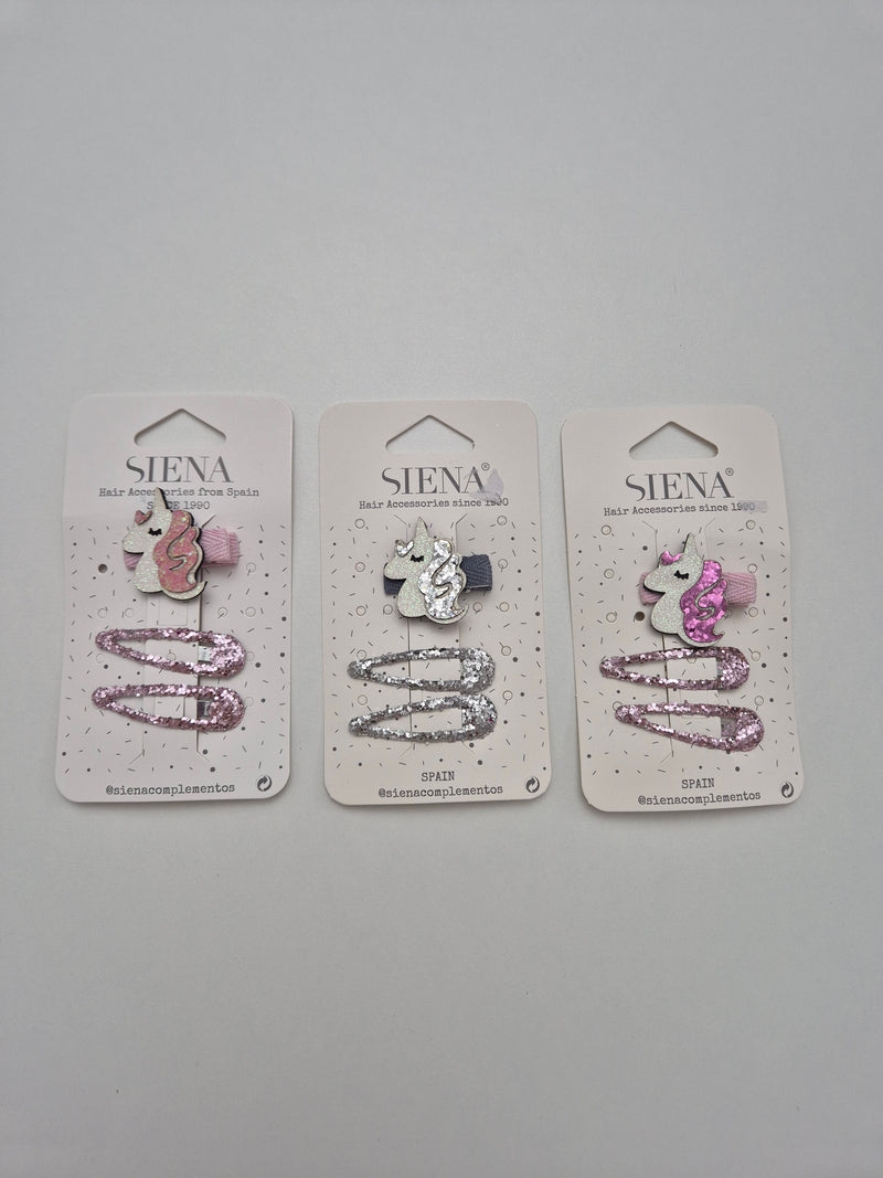 Confezione 1 molletta unicorno e 2 glitterate a clip vari colori