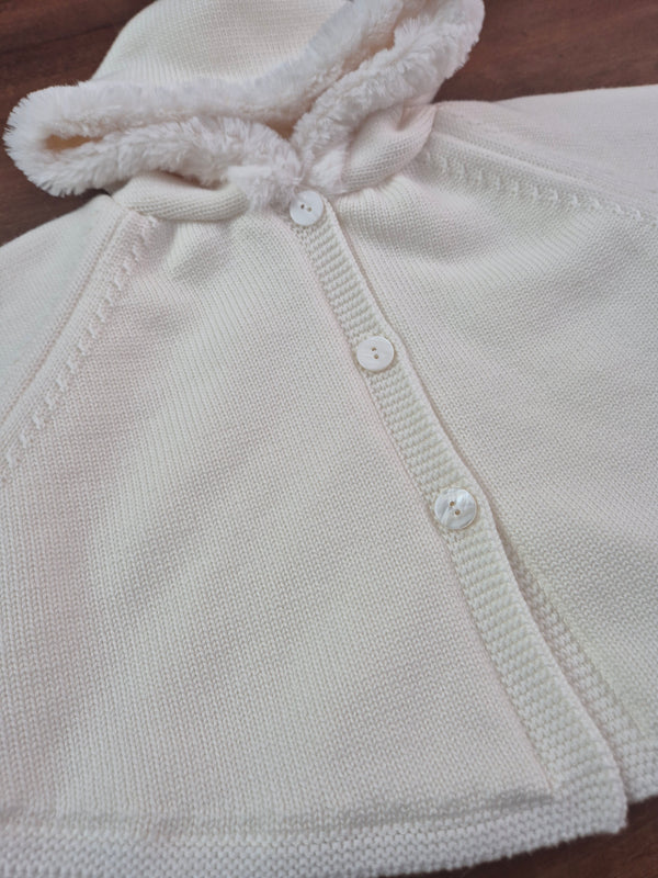 Mantella in lana con cappuccio in pelliccia