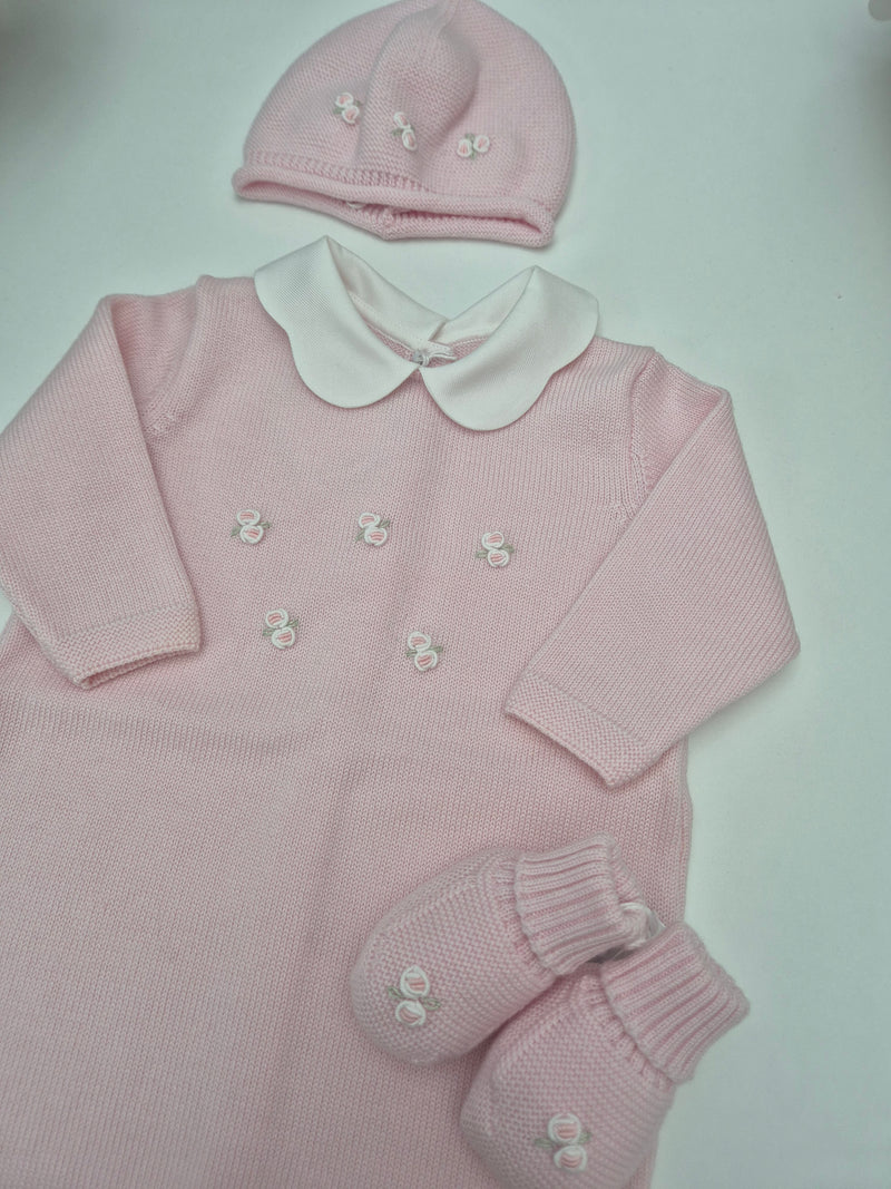Tutina in pura lana roselline con cappellino e babbucce