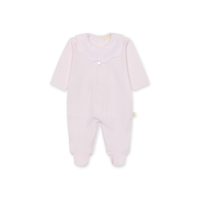 Tutina in cotone interlock con piedini e colletto a smerlo