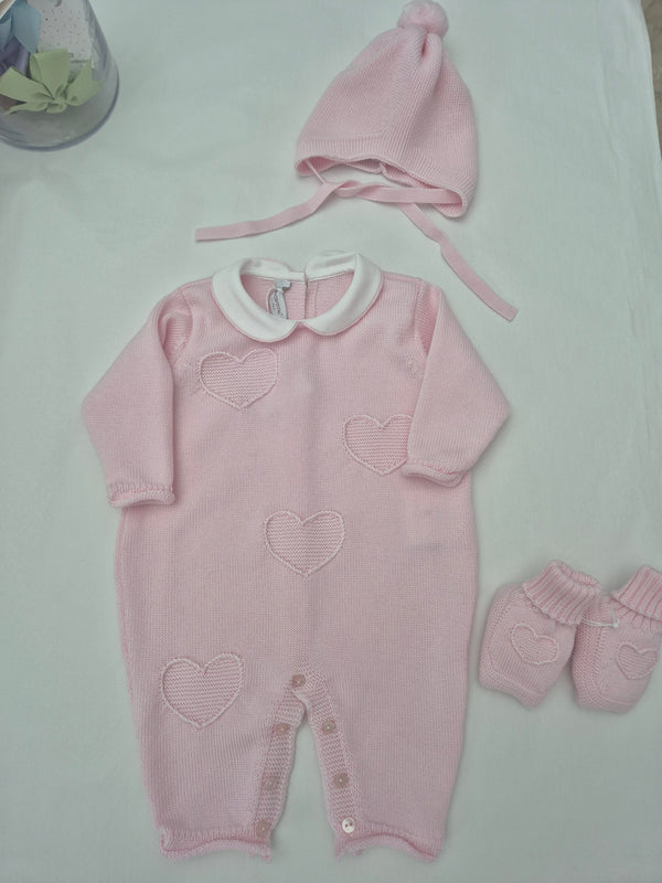 Tutina in pura lana cuoricini con cappellino e babbucce