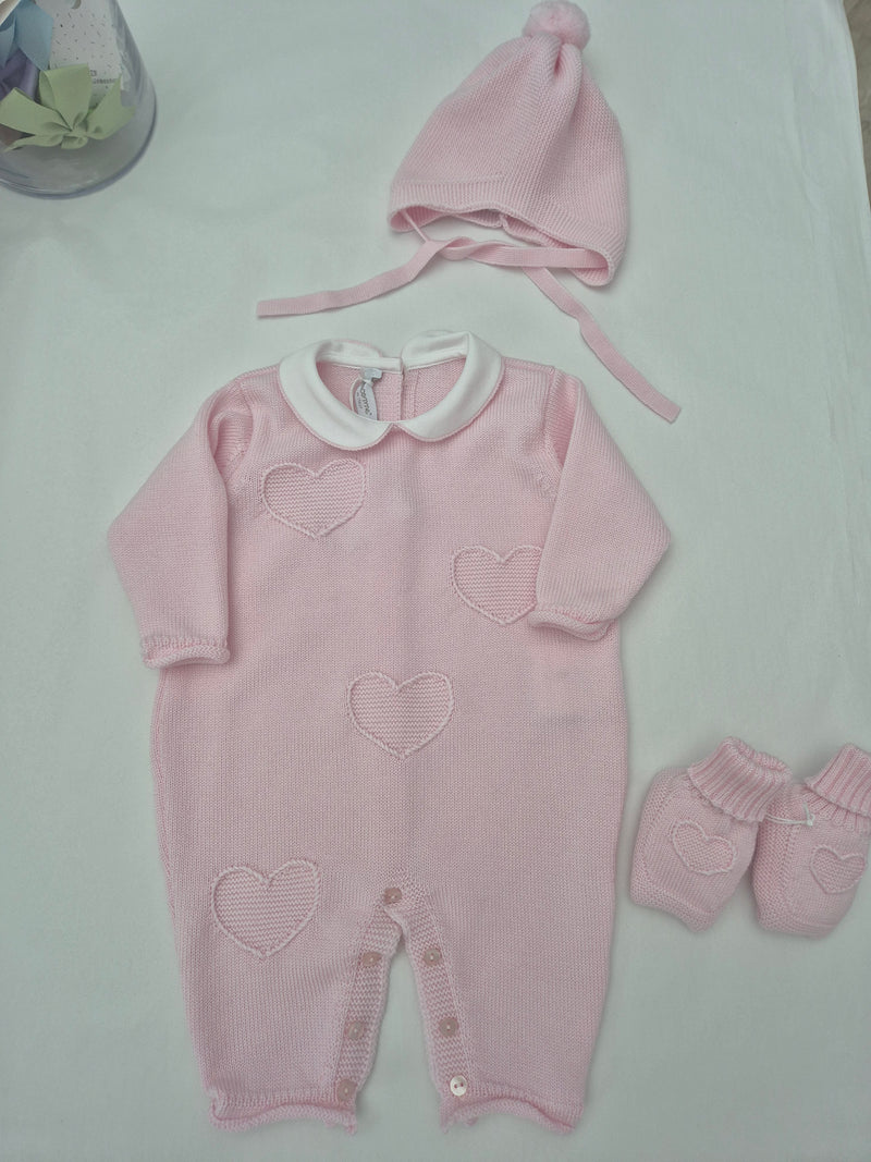 Tutina in pura lana cuoricini con cappellino e babbucce