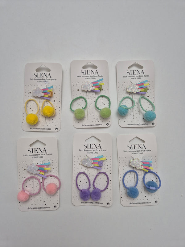 Confezione 1 molletta pinza nuvoletta arcobaleno e 2 codini pom pon vari colori