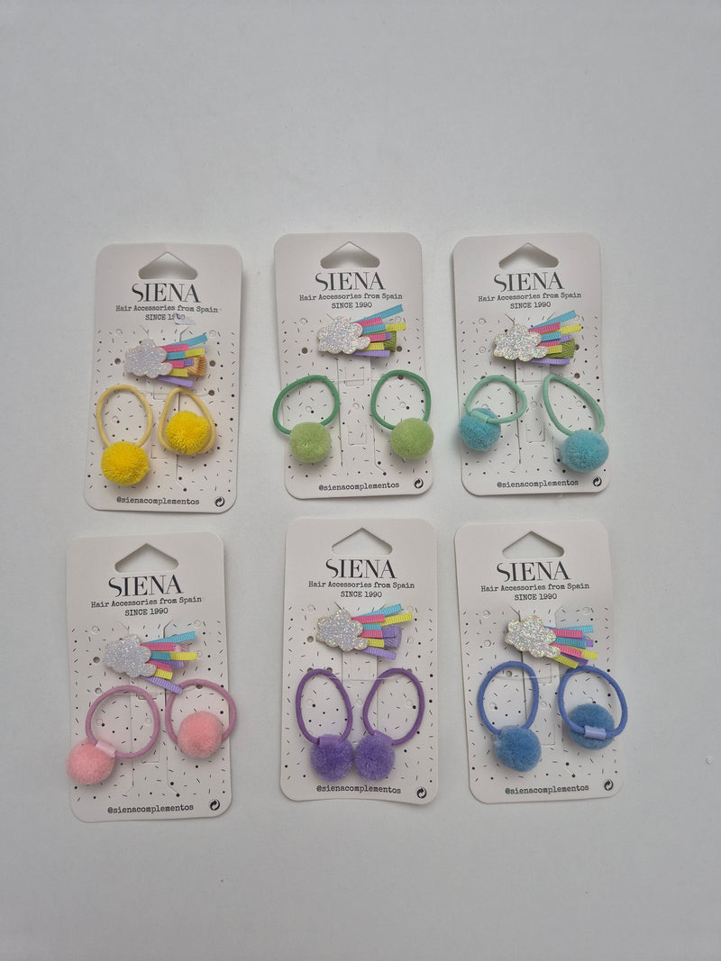 Confezione 1 molletta pinza nuvoletta arcobaleno e 2 codini pom pon vari colori