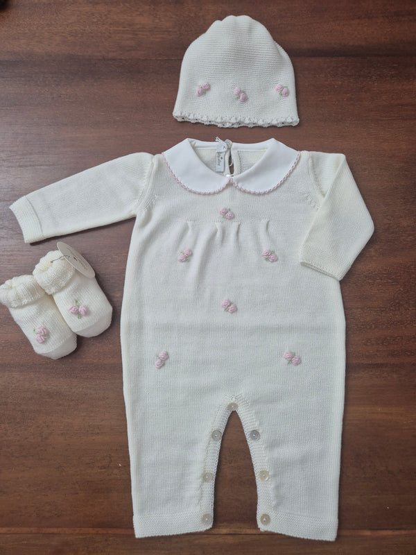 Tutina in pura lana con cappellino e babbucce roselline