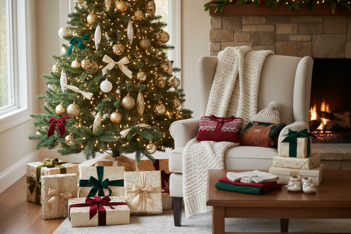 "Scena natalizia elegante e accogliente, atmosfera calda con luci soffuse, albero di Natale decorato con palline dorate e lucine, pacchetti regalo raffinati con nastri e fiocchi, morbidi tessuti e abiti per bambini piegati o appoggiati con stile su poltrone o tavoli, sfondo festoso ma sobrio, colori caldi e armoniosi, illuminazione naturale morbida, fotografia professionale adatta a sito e-commerce di abbigliamento per bambini, senza persone, focus su atmosfera natalizia e dettagli curati."