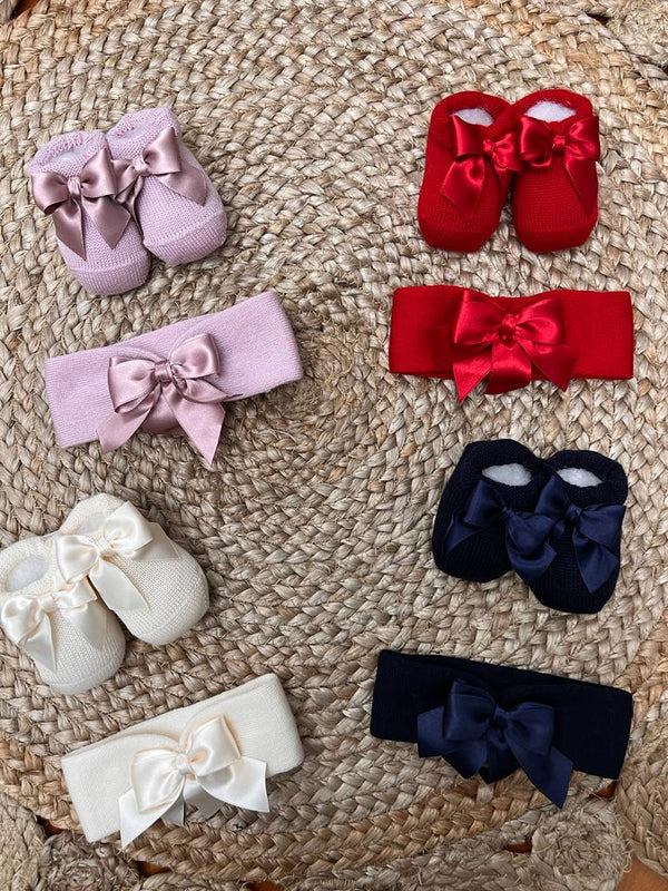 Bi-pack invernale fascia + babbucce con fiocco in raso vari colori
