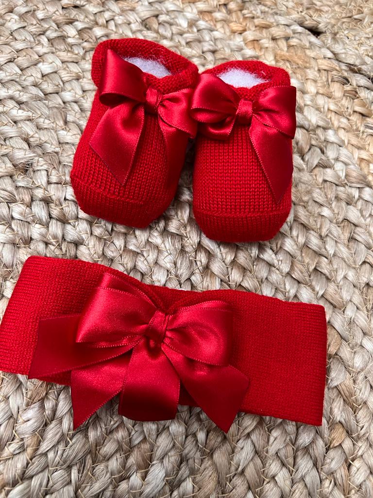 Bi-pack invernale fascia + babbucce con fiocco in raso vari colori